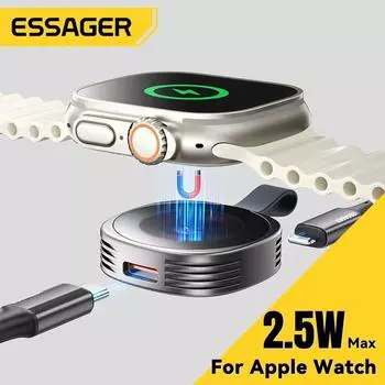 Essager Магнитное беспроводное зарядное устройство для Apple Watch 9 8 7 6 5 4 3 SE Сверхбыстрая зарядная станция с двумя портами Портативное зарядное устройство для часов серый