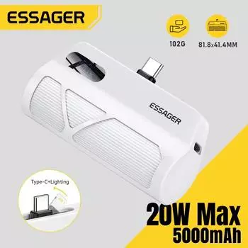 Essager Mini Capsule Power Bank 5000 мАч Type-C Lighting Быстрая зарядка Цифровой дисплей PowerBank Внешний аккумулятор для iPhone 16 15 5000mAh белый