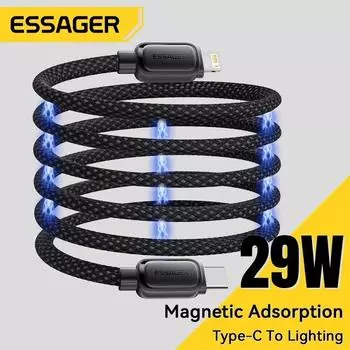 Essager PD29W USB C для освещения, магнитное быстрое зарядное устройство, кабель без спутывания для IPhone 14 13 12 11 Pro Max 1m чёрный