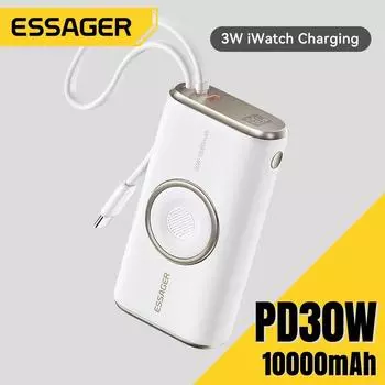 Essager PD30W Быстрая зарядка Power Bank 10000 мАч с кабелем Type C Портативное внешнее зарядное устройство для iPhone16 15 Huawei OPPO 10000mAh чёрный