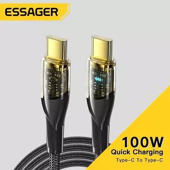Essager PD 100 Вт 60 Вт Кабель USB C to Type C 7A Кабель для быстрой зарядки Зарядное устройство Проводной шнур для iPhone Huawei Xiaomi POCO Realme Samsung Кабель USB-C 1m PD100W C-C чёрный
