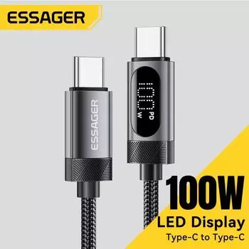 Essager PD 100W USB C цифровой дисплей кабель Type C на Type C кабель для быстрой зарядки iPhone 16 15 Xiaomi Huawei Macbook iPad 1m 60W C-C серый