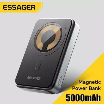 Essager PD 20 Вт Магнитное беспроводное зарядное устройство Mini Power Bank 5000 мАч Беспроводная зарядка Внешний аккумулятор для iPhone 14 13 12 Pro Max 5000mAh чёрный