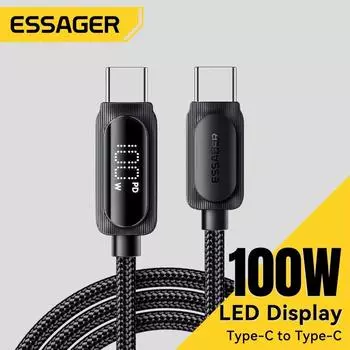 Essager PD 60 Вт 100 Вт кабель для быстрой зарядки USB C на Type-C цифровой дисплей для iPhone15 Huawei Xiaomi Samsung Honor ноутбук зарядка 1m 60W C-C чёрный