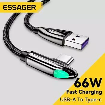 Essager PD 66 Вт USB Type C кабель для Xiaomi Poco3 MacBook iPad Samsung Huawei светодиодный кабель для быстрой зарядки 90 градусов кабель для передачи данных