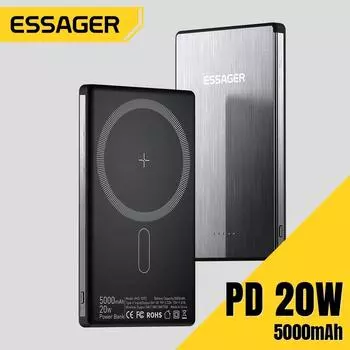 Essager Thin Wireless Power Bank 5000 мАч быстрая беспроводная зарядка Powerbank магнитное внешнее зарядное устройство для iPhone 15 14 13 12 5000mAh серый