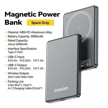 Essager Thin Wireless Power Bank Magnetic 20W 5000mAh Портативный внешний аккумулятор с функцией быстрой зарядки для Magsafe для iPhone 15 14 13 12 5000mAh чёрный