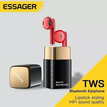 Essager TWS Lipstick Беспроводные наушники Bluetooth V5.3 Наушники с микрофоном Зарядный чехол Стереозвук Внутриканальная интеллектуальная сенсорная гарнитура красный