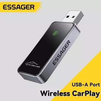 Essager USB-A беспроводной адаптер CarPlay для iPhone, проводной и беспроводной Carplay Dongle, подключение по USB через USB, автомобильный донгл темно серый