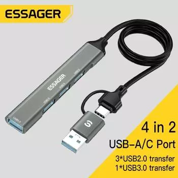 Essager USB HUB USB 3.0 HUB USB 2.0 HUB USB C HUB Тип C Многопортовый разветвитель Высокоскоростной 5 Гбит/с для ПК Компьютер Многопортовый USB A Hub серый