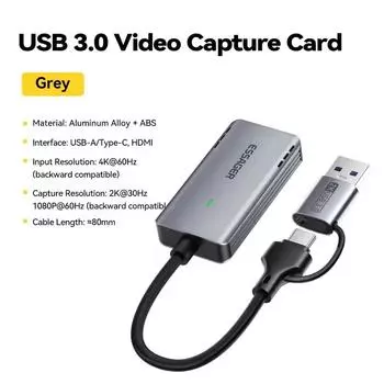 Essager Video Capture Card USB3.0 HDMI 4K@60Hz-compatible to USB/Type-c Game Grabber Record for Switch Xbox PS4/5 Live Broadcas USB 3.0 серый