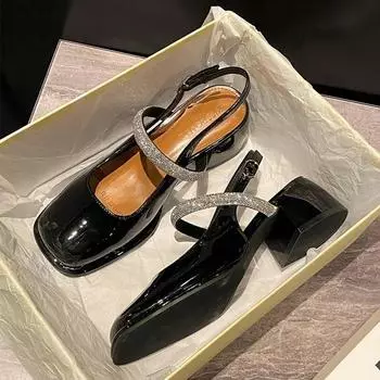 est Туфли Мэри Джейн из мягкой кожи на высоком каблуке. Женские весенние и летние туфли на толстом каблуке с пряжками и ремешками. Сандалии на носке. 35