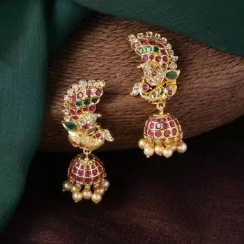 Женские дизайнерские серьги Jhumki с позолоченными фианитами и павлином с жемчугом и цветными камнями