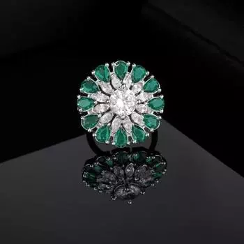 Estele Rhodium Plated CZ Adjustable Classic Flower Shaped Emerald/ Green Finger Ring for Women