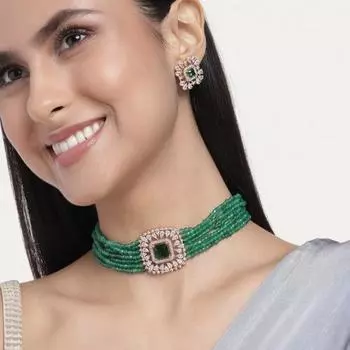 Комплект колье-колье квадратной формы Estele с покрытием из розового золота и зелеными бусинами для женщин