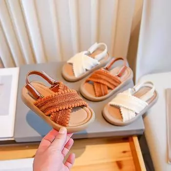 Ethnic 2024 Toddler Shoes Versatile Casual Cross Kids Sandals Girls Simple Platform Korean Style Non-slip Children Fashion Shoes 23 бежевый
