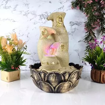 Ethnic Clay Jar Table Top Water Fountain with RGB LED Light for Home Dcor/Gift/Vastu/Pooja/Reception/House Warming (Color: Yellow)