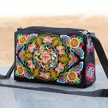 Ethnic Embroidered Crossbody Bag, Women s Canvas Shoulder Bags with Large Capacity разноцветный