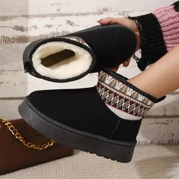 Ethnic Lolita Boots Flat Heel Australia Shoes Luxury Designer Round Toe Boots Women Snow Fashion Ladies Rubber Ankle Med Bota 36 чёрный