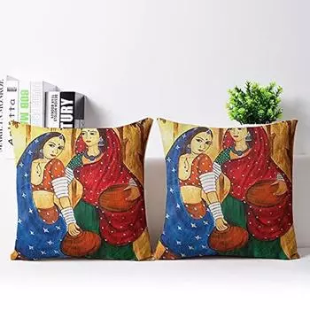 Ethnic Printed Jute Cushion Cover (16X16 Inch, Pack of 2) Cushion Covers, Jute Cushion Covers, Sofa Cushion Covers 16X16 Inch
