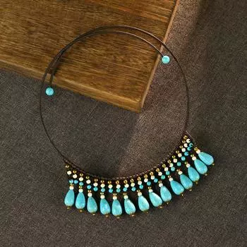 Ethnic style collar water drop turquoise tassel female retro personality bohemian collarbone chain woven necklace