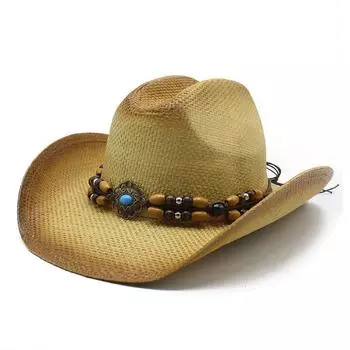 Ethnic Style Eaby Stiff Version Top Hat Knight Hat Cowboy Hat Jazz Hat Rolled Brim Straw Hat M56-58cm хаки