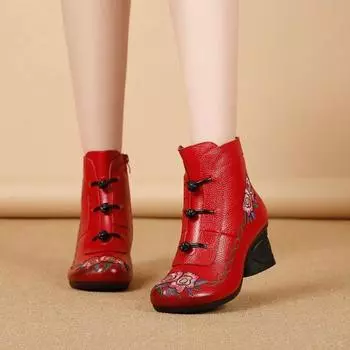 Ethnic style embroidered short boots women s thick heel Martin boots women s cotton boots medium heel soft sole non-slip retro short boots women 35 красный