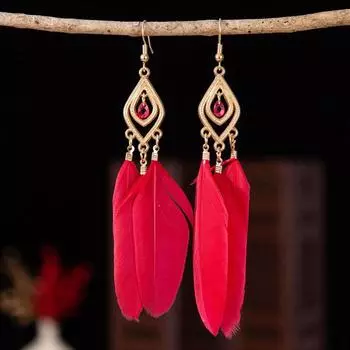 Ethnic Style Fashion Feather Earrings Long Rhombus Simple And Versatile Yunnan Travel Ear Jewelry Street Shot красный