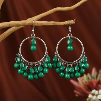 Ethnic style fringed earrings women s retro Hong Kong style long temperament earrings Bohemian personality dance earrings темно-зеленого