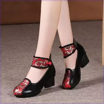 Ethnic style handmade retro leather shoes women s spring middle layer cowhide heel soft sole comfortable thick heel single shoes printed dance shoes 35 чёрный