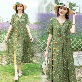 Ethnic Style Loose Frog Buckle Casual Dress Summer Clothing Green XXL