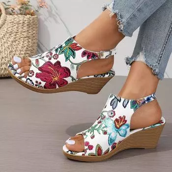 Ethnic style printed buckle sandals women s European and American large size 2025 summer flower wedge heel one word fish mouth large size sandals 36