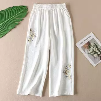 Ethnic Style Refreshing Breathable Cropped Casual Pants Embroider White 4XL