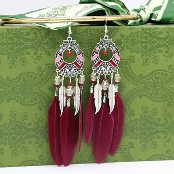 Ethnic Style Retro Feather Earrings Long Earrings Fringed Temperament Earrings Women S Factory бордовый