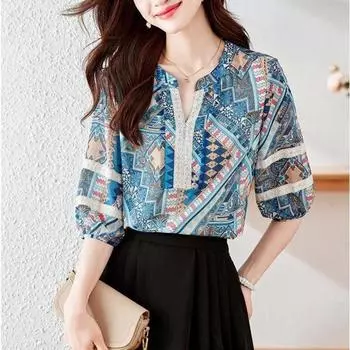 Ethnic Style Retro Printed Chiffon Shirt Female Elegant High-end V-neck Mid-sleeved Top Cover Belly Loose Shirt S