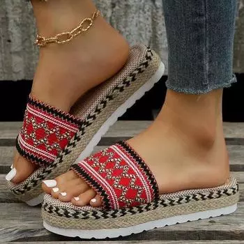 Ethnic style slippers women s 2025 new thick-soled one-character linen slippers South East Asia style hand-woven shoes 35 белый
