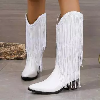 Ethnic Style Tassel Design White Women s Calf Boots 2024 New Fashionable and Simple Large Size Thick Sole Boots Botas De Mujer 36 белый