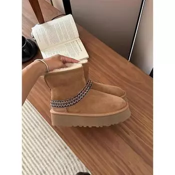 Ethnic style thick-soled snow boots women s 2024 winter new heightening, piling and thickening warm shoes 35 малиновый