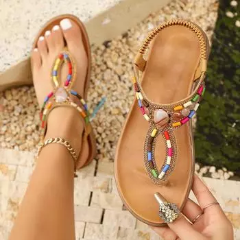 Ethnic style toe beaded sandals women s summer 2025 new bohemian retro Roman vacation women s shoes 36 жёлтый