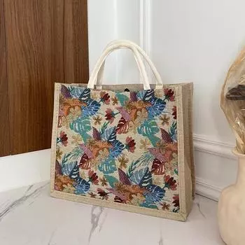 Женская сумка в этническом стиле с ретро-текстурой и цветочным принтом, сумка через плечо, холщовая сумка, льняная сумка-тоут, повседневная сумка чёрный