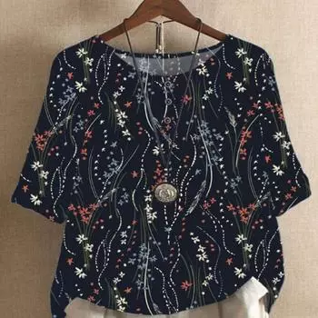 Ethnic Style Women s O-neck Digital Vintage Print Loose Shirt Half Sleeve Blouses Tops Women Harajuku Casual Pullover S