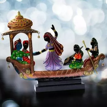 Ethnic Tribal Boat with Dancing Musicians Showpiece - 15x18 Inch Home Dcor with Wooden Base - Gift for Housewarming, Festivals, Weddings