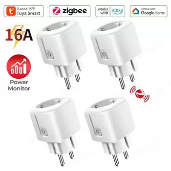 EU 16A Tuya ZigBee Smart Plug Умная розетка для бытовой техники с монитором питания Голосовое управление Розетка работает с Alexa Google
