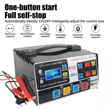EU Plug High Power Pulse Repair Полностью автоматическое зарядное устройство для автомобильного аккумулятора 12 В/24 В 220 Вт с интеллектуальным ЖК-дисплеем чёрный