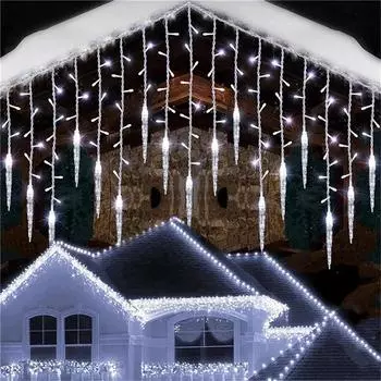 EU Plug LED Curtain Icicle Lamp String Outdoor Christmas Light New Year 8 Light Mode Ice Cone Light for Festive Wedding Bathroom EU Plug 220V
