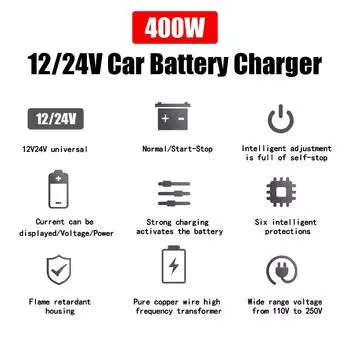 EU Plug LED Display High Power Car Battery Charger Intelligent Pulse Repair For Car Truck Boat Motorcycle 12V/24V 400W