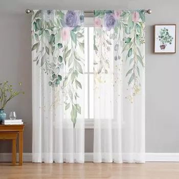 Eucalyptus Leaf Flower Sheer Curtains for Kids Bedroom Living Room Voile Window Curtains Tulle Drapes W135 x H114cm