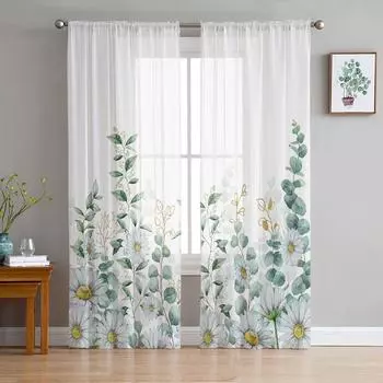 Листья эвкалипта Фермерское растение Маргаритка Вуаль Прозрачные шторы Гостиная Окно Тюль Шторы Кухня Спальня Шторы Домашний декор 135W x 114H(cm)