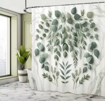 Eucalyptus Leaves Shower Curtain, Modern Weeping Wreath Look Branches on Simple Marble Print, Cloth Fabric Bathroom De 90x180cm