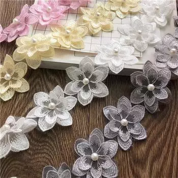 Eugen Yarn Mesh Flower Аксессуары для одежды Кружевная ткань Кружевная вышивка гвоздь Жемчуг 90*5cm розовый